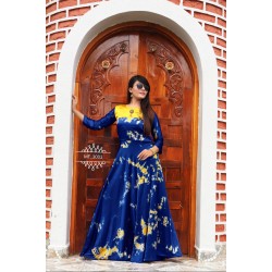 Blue Satin Silk Shibouri Print Kurti