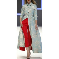 Cyan Color Block Print Middle slit Kurti