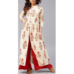 Cream Color Block Print Middle Slit Kurti