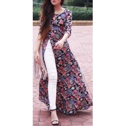 Trendy Flower print Stitch Side Slit kurti 