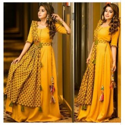Yellow Designer Taffeta Silk Stich Gown With Silk Dupatta