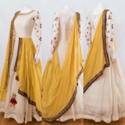 White Taffeta Silk Embroidery Stich Designer Evening Gown Dupatta
