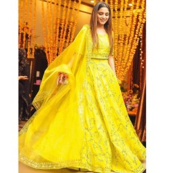 Yellow Haldi CeremonyTaffeta Silk Embroidery Lehenga Choli Dupatta