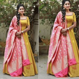 Yellow Color Anarkali Gown With Banarasi Dupatta | Haldi ...