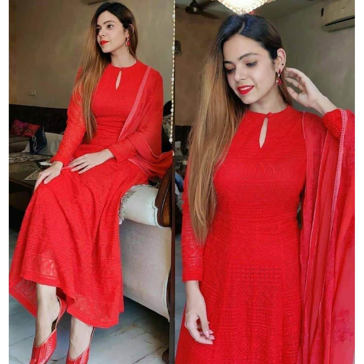 Buy Tomato Red Festive Mughal Gown Online  W for Woman