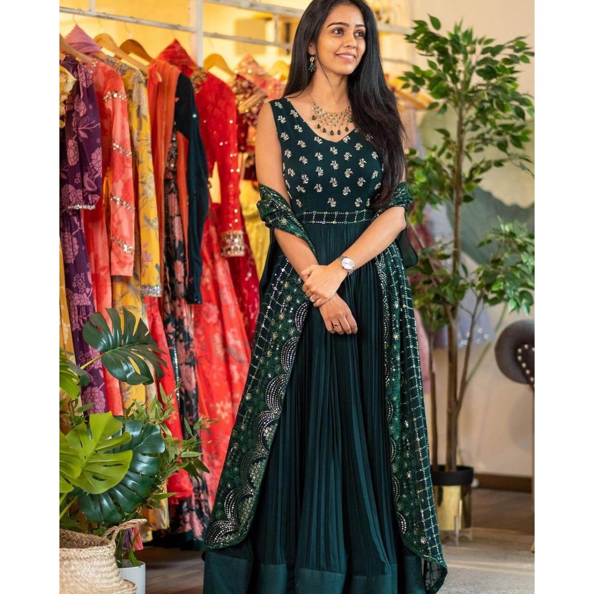 Designer Anarkali Gown In Dark Green ...