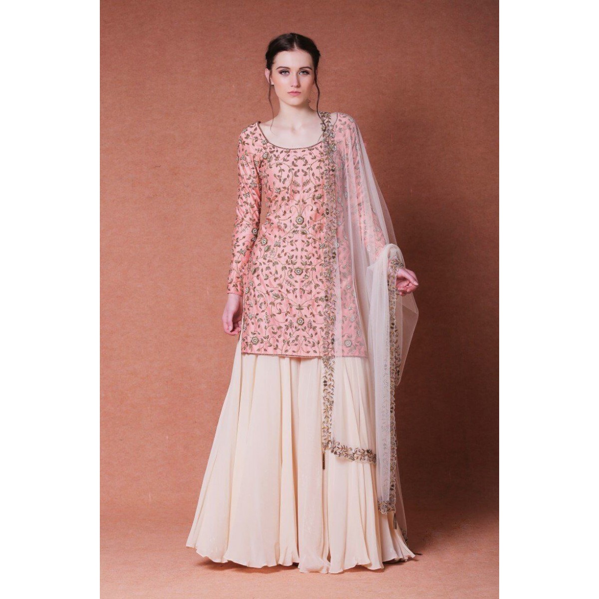 Pink Color Silk Fabric Stitched Full Sleeve Sharara Suit ...