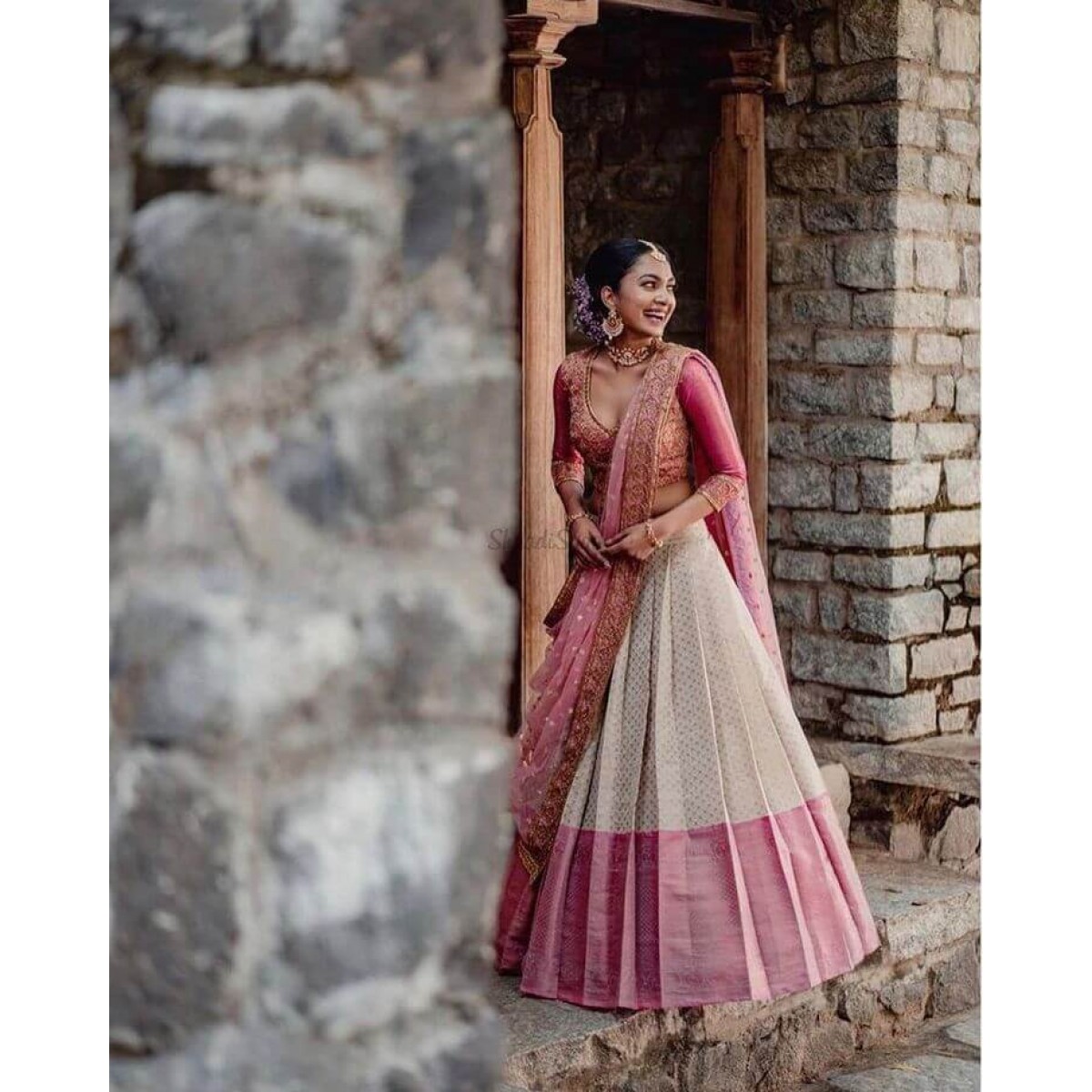 South Indian Fashion Lehenga Choli in Pink and White Color