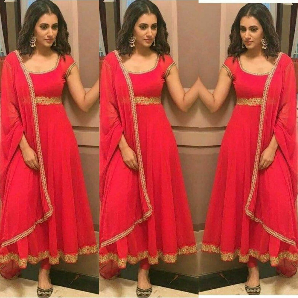Tomato Red Chanderi Silk Jacket Gown  GetEthnic