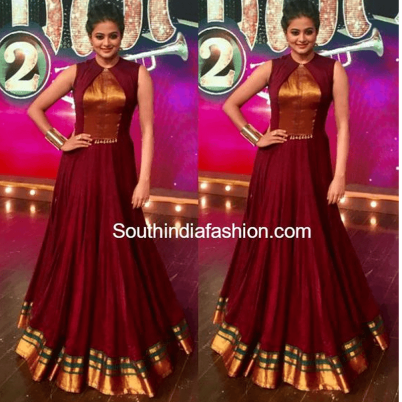 maroon color gown