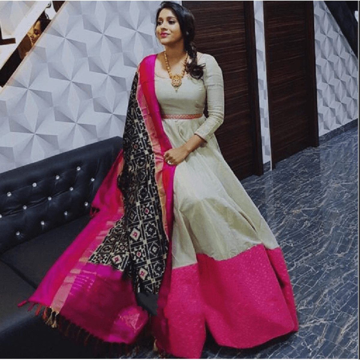 White And Pink Stylish Gown with Dupatta