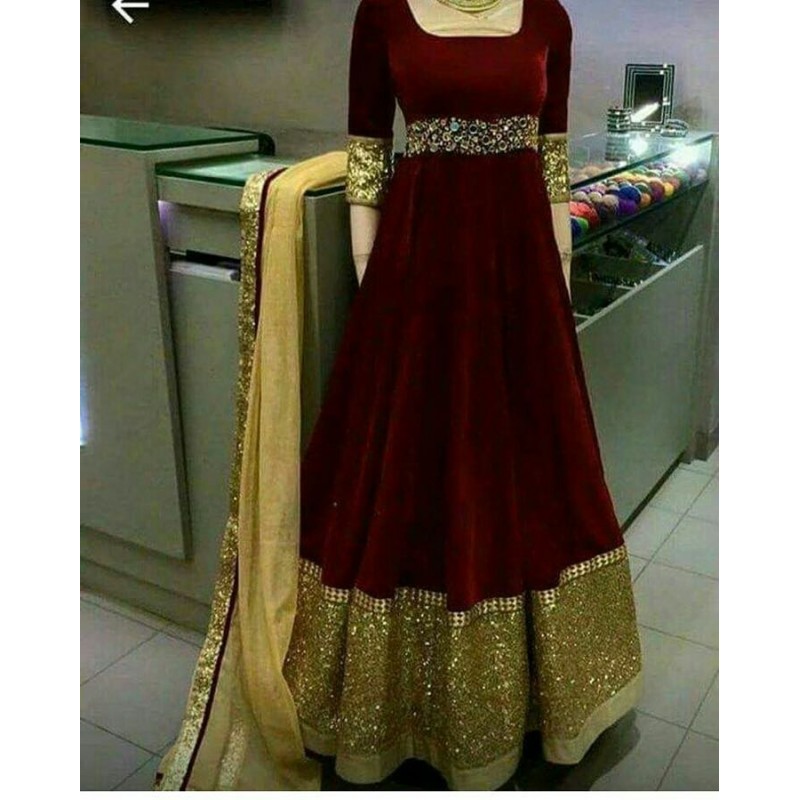 Maroon velvet Flared Anarkali Designer gown