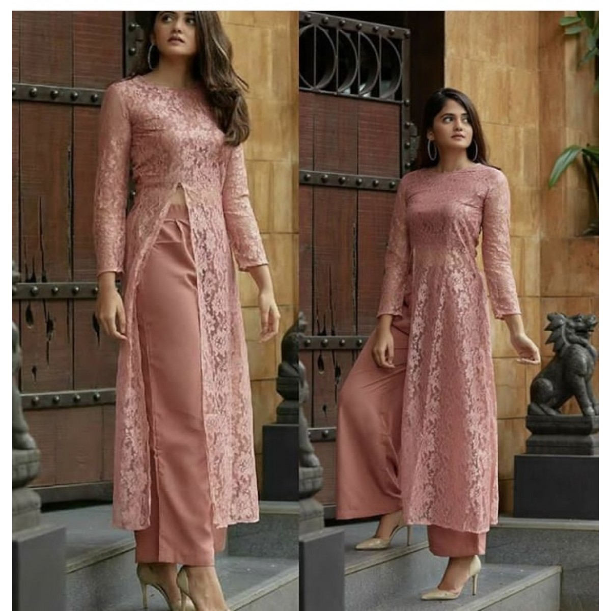 Trendy Slit Brasso Net Stich Kurti With Plazo