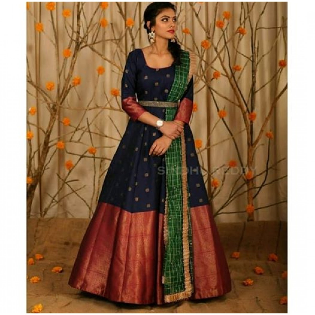 Color Banarasi Silk Stitch Evening Gown