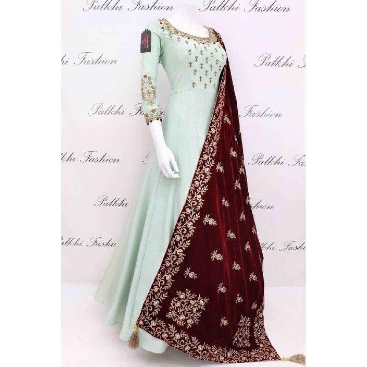 Pista Green Partywear Embroidery Gown 