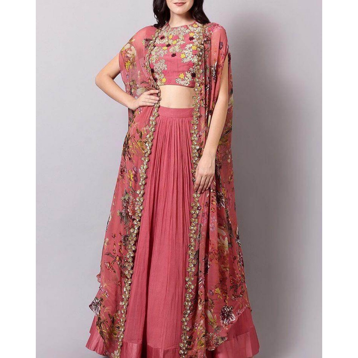 Designer Lehenga Choli with Long Shrug Outfit