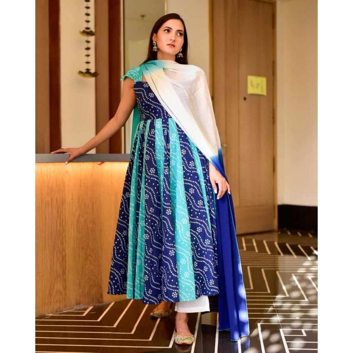 print sunshine blue kurti pant dupatta 