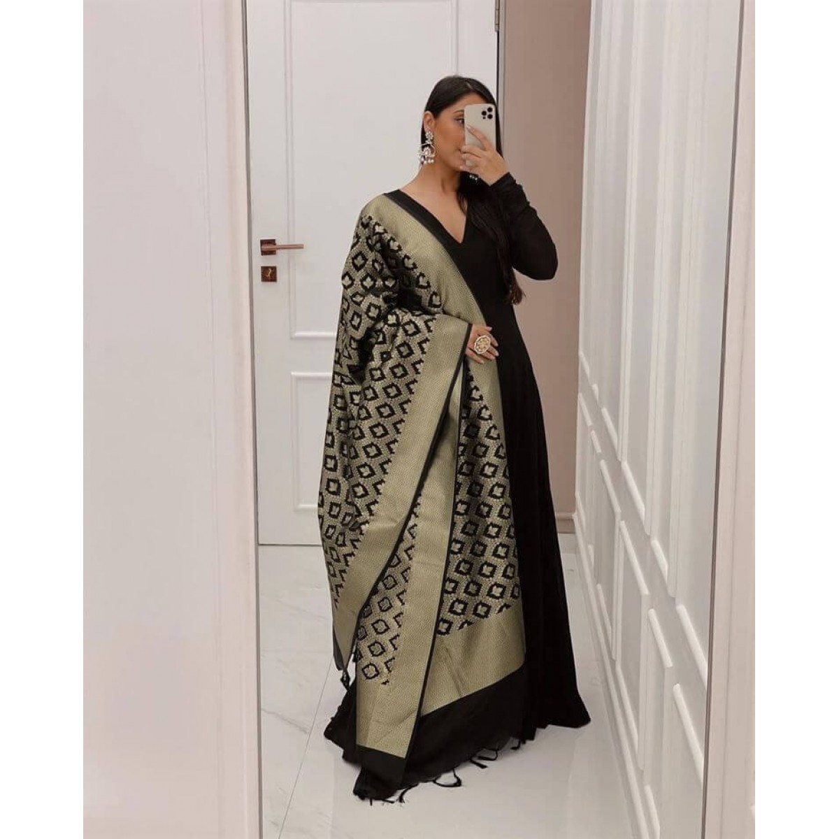 Black color anarkali gown with banarasi dupatta