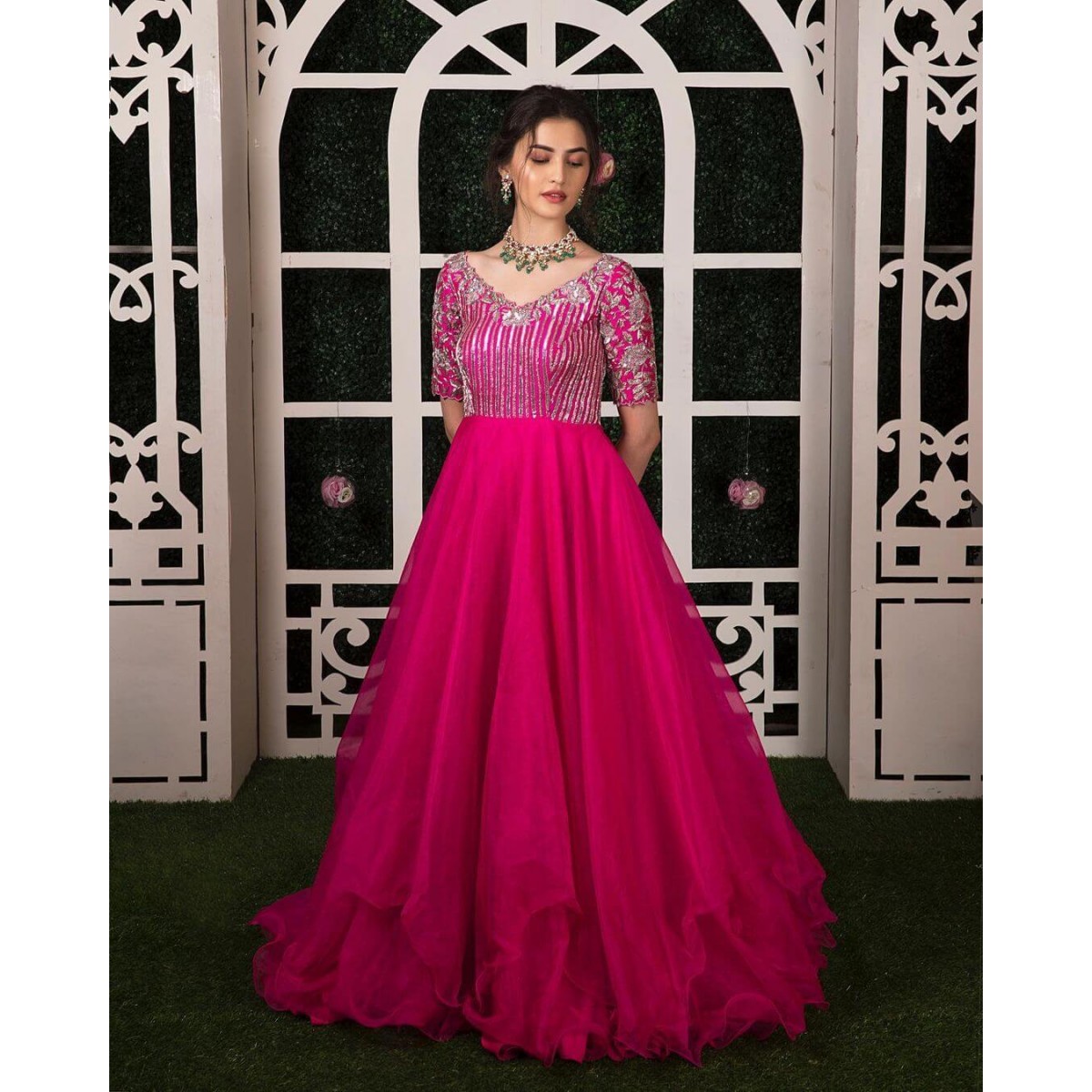 Cute pink color designer net gown style