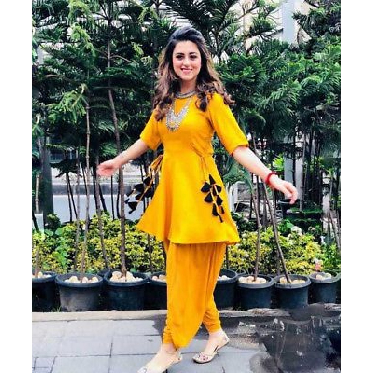 Yellow Heavy Silk Multi Work Dhoti Salwar Suit