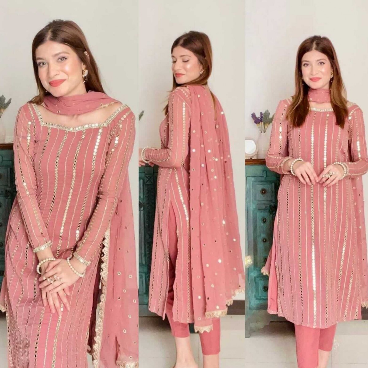 Peach color Net Embroidered Stright Salwar Kameez - Hirpara House - 4075569