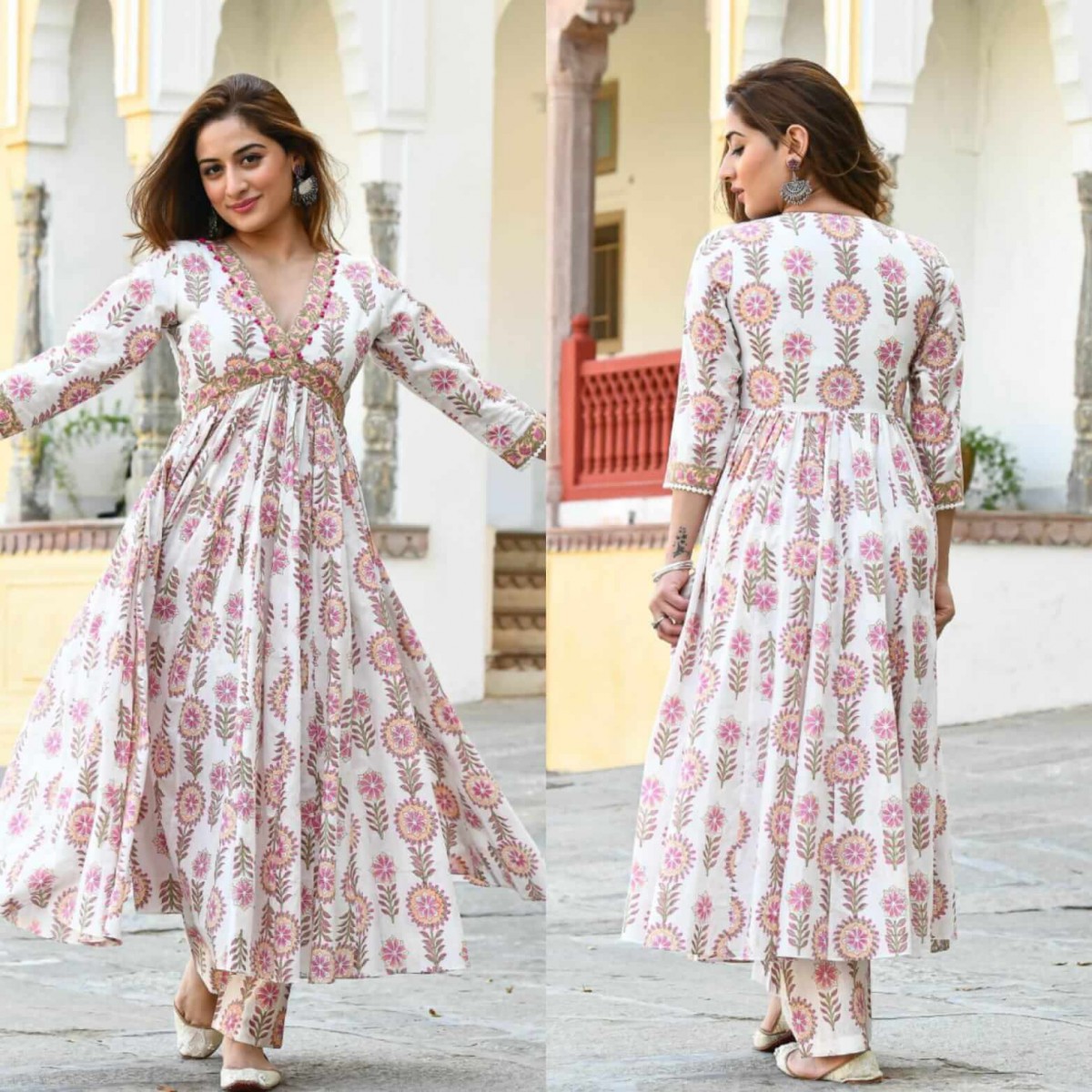 Georgette sequins Party wear naira 3pc suit, off white & peach