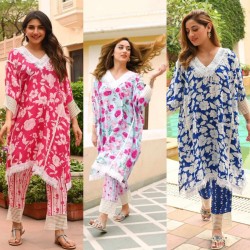 Women Cotton Straight Printed Long Kurti With Palazzos
