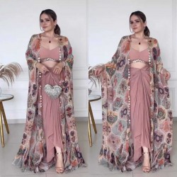 PRESENTING READY TO WEAR DESIGNER SAREE WITH SHRUG AND LUSHES OF SEQUE –  Womenyaa