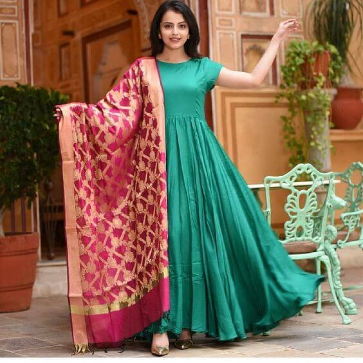 Long gown with heavy Banarasi Dupatta