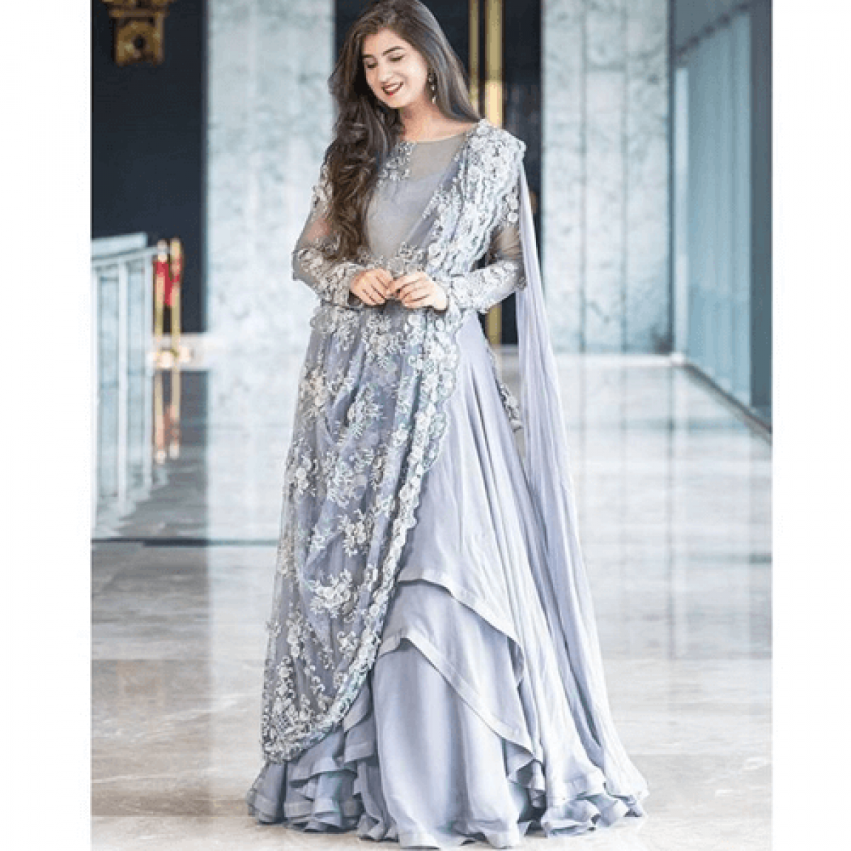 grey color georgette fabric designer gown | wedding party