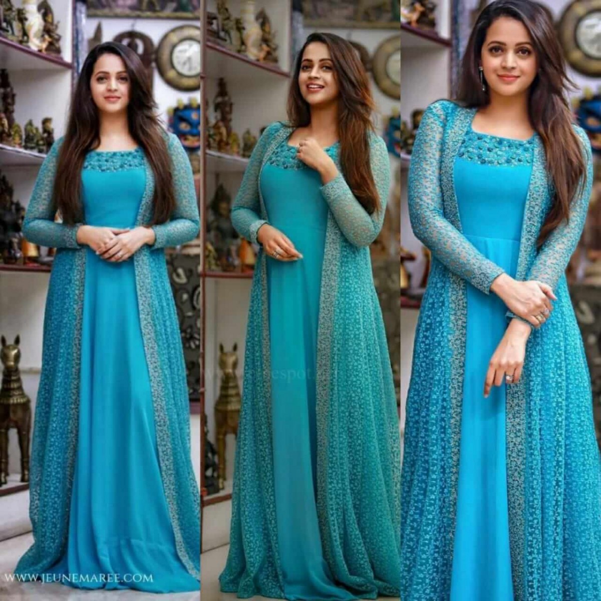 Happening Blue Color Stylish Stitched Jacket Gown for Festive ...