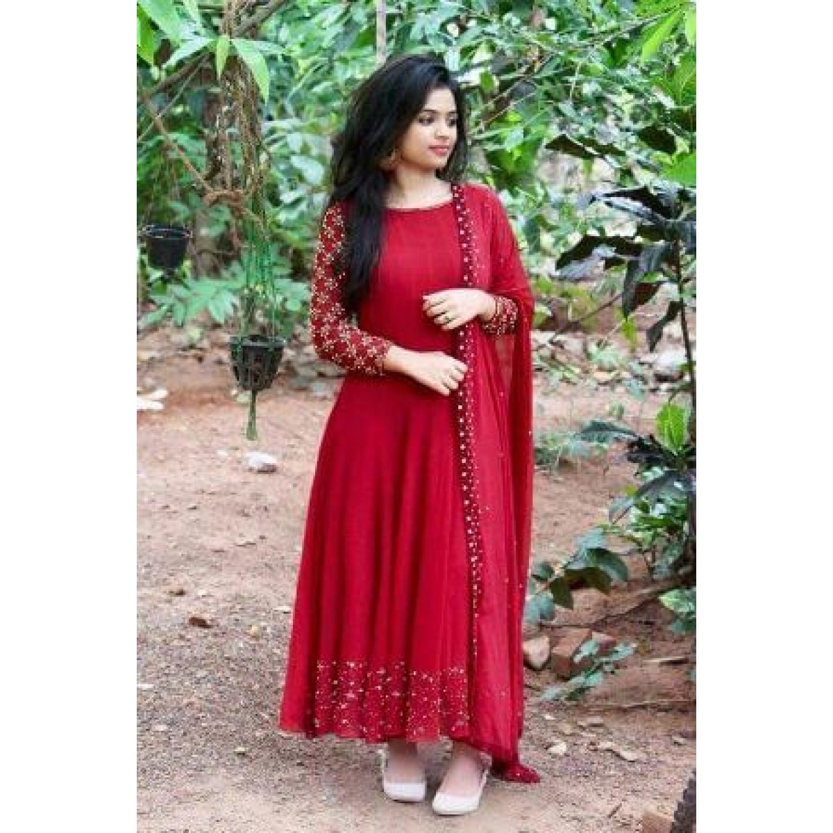 Red Color Pearl Work Designer Gown