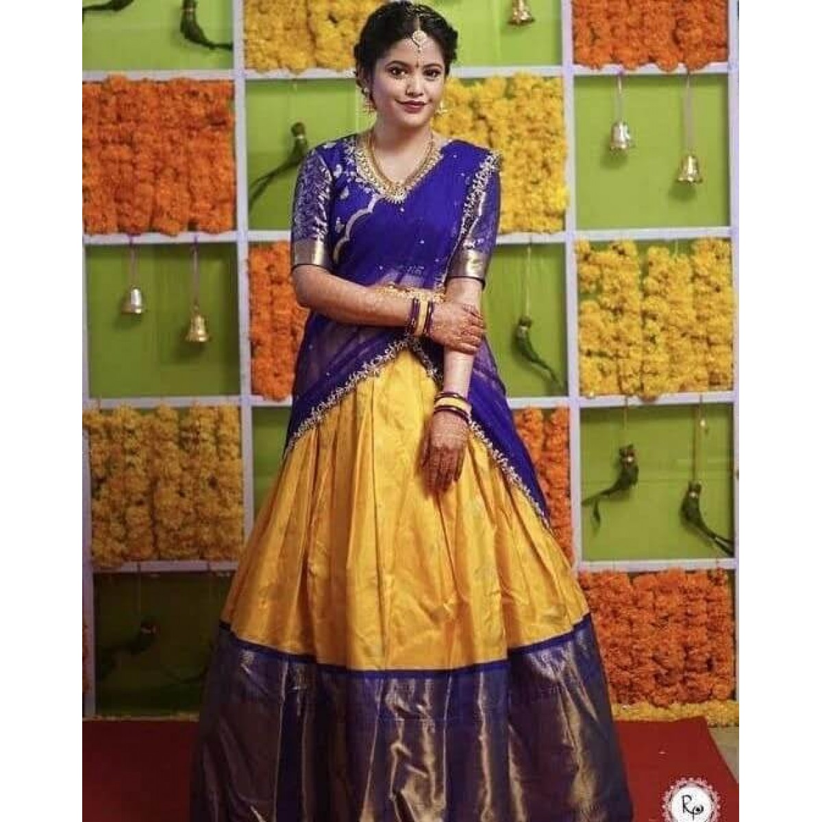 Gorgeous South Indian Style Yellow and Blue Color Lehenga ...