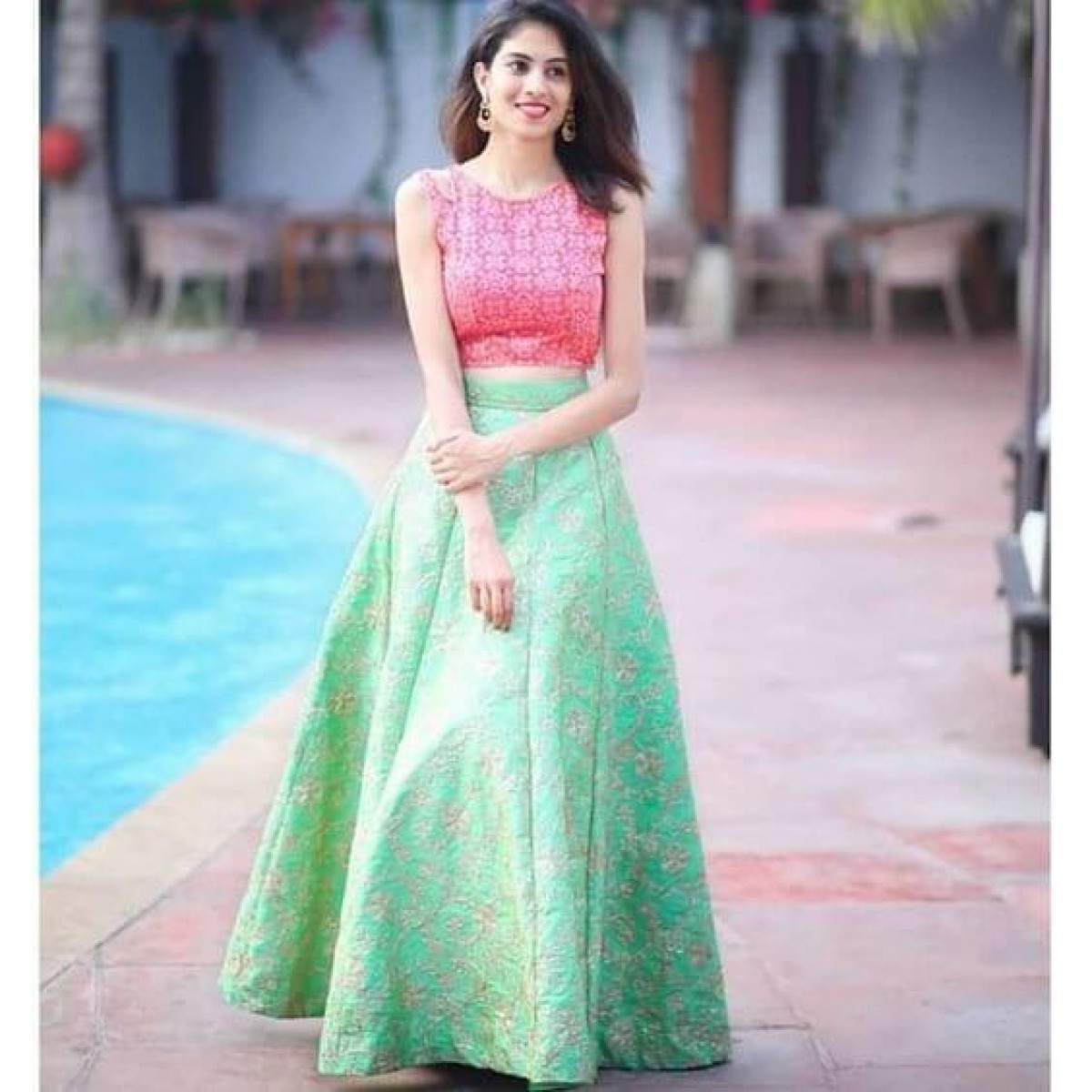 Pista and Pink Color South Indian Style Silk Crop Top
