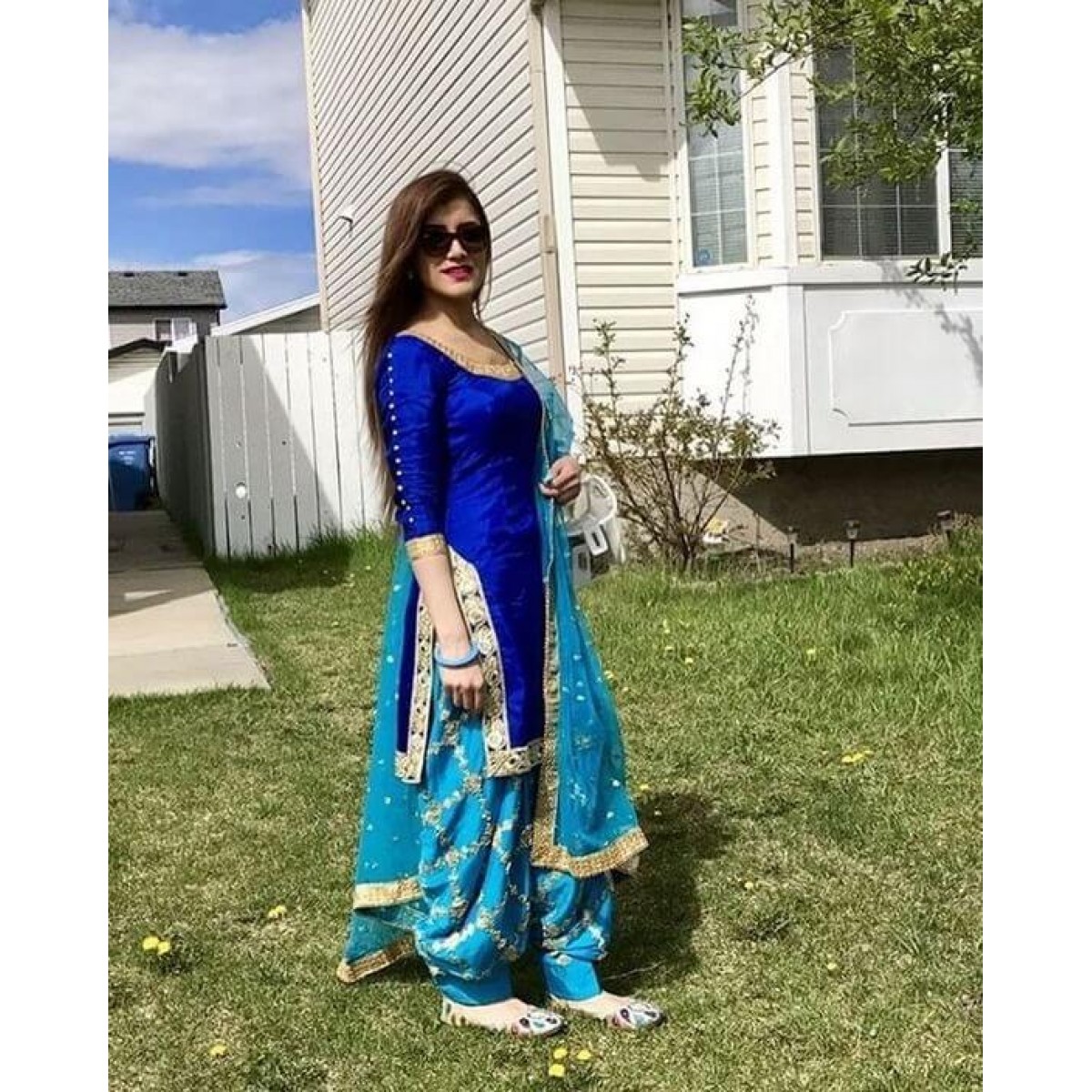 Navy Blue and Gold Embroidered Punjabi Suit - ShopperBoard