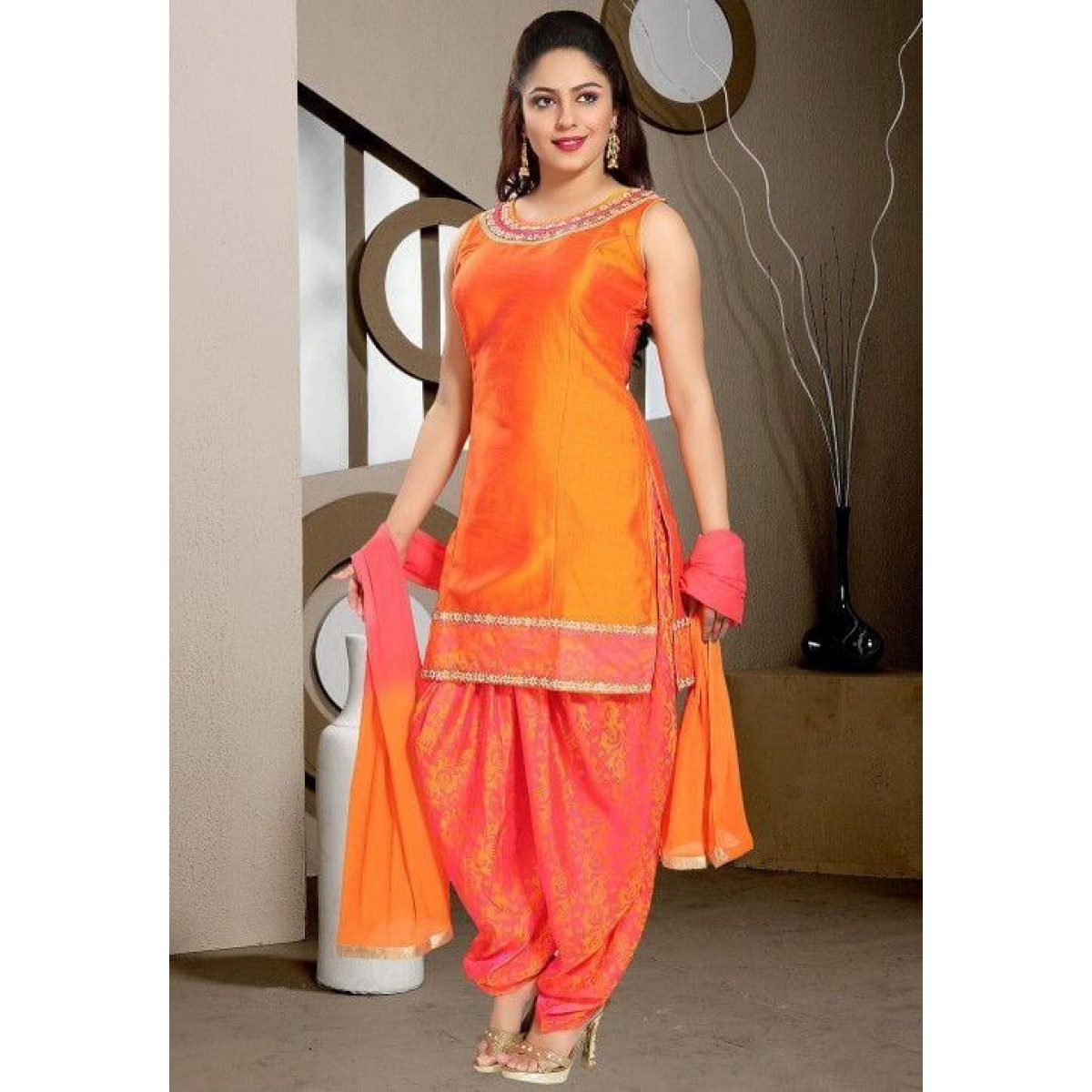 Embroidery and mirror work Red stylish kurti with Patiala Salwar and Dupatta