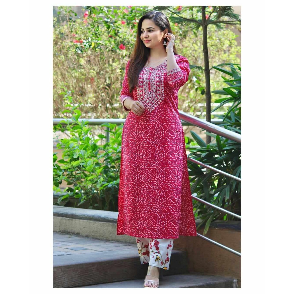 Trendy cotton bandhej print kurta pant set