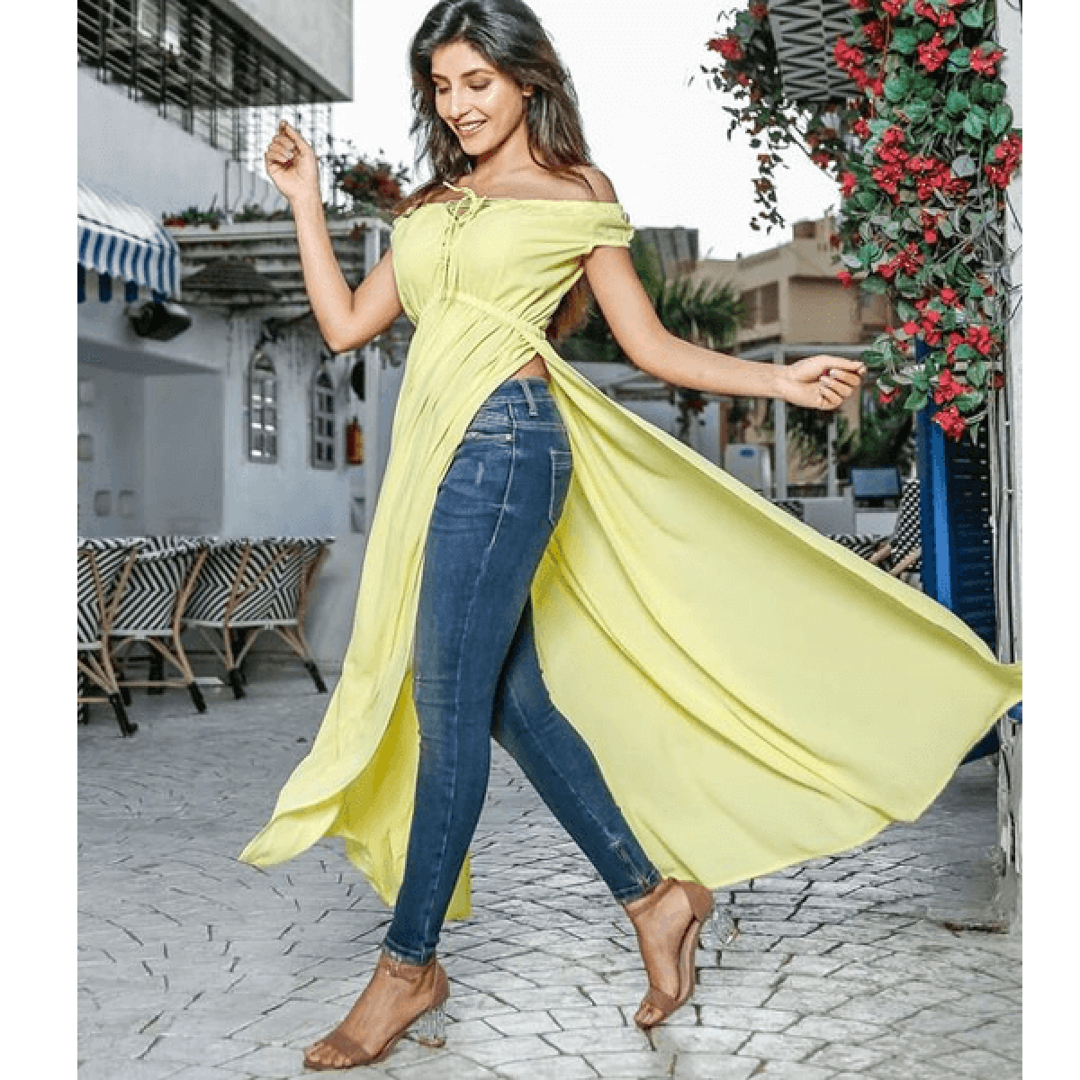 Yellow Off Shoulder side slit kurti