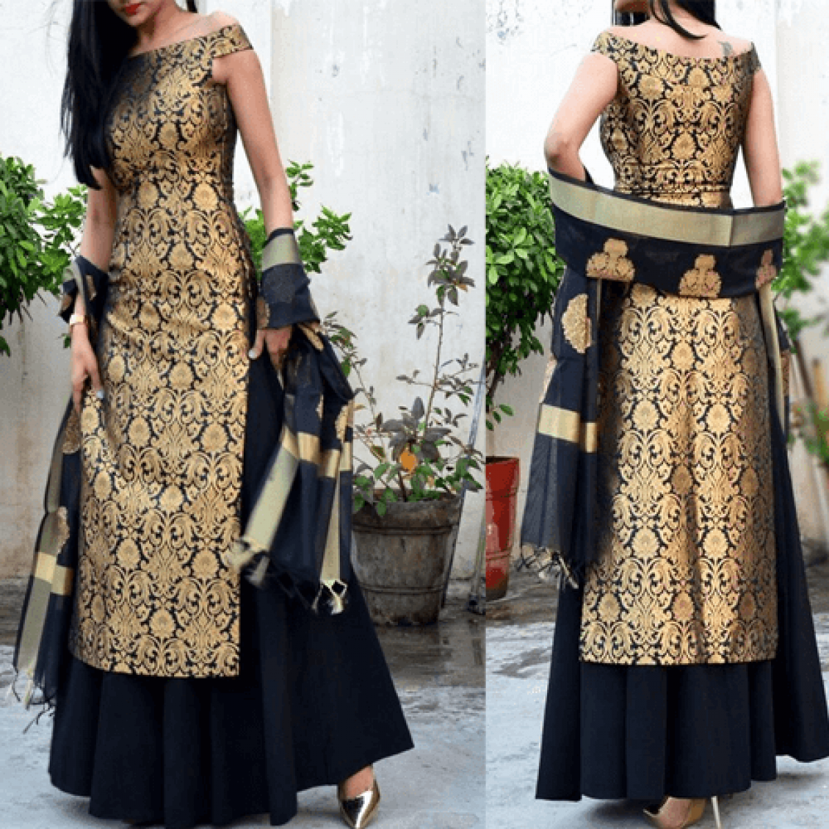 Mustard Banaras Ankle Length Gowns With Banarasi Silk Dupatta Online