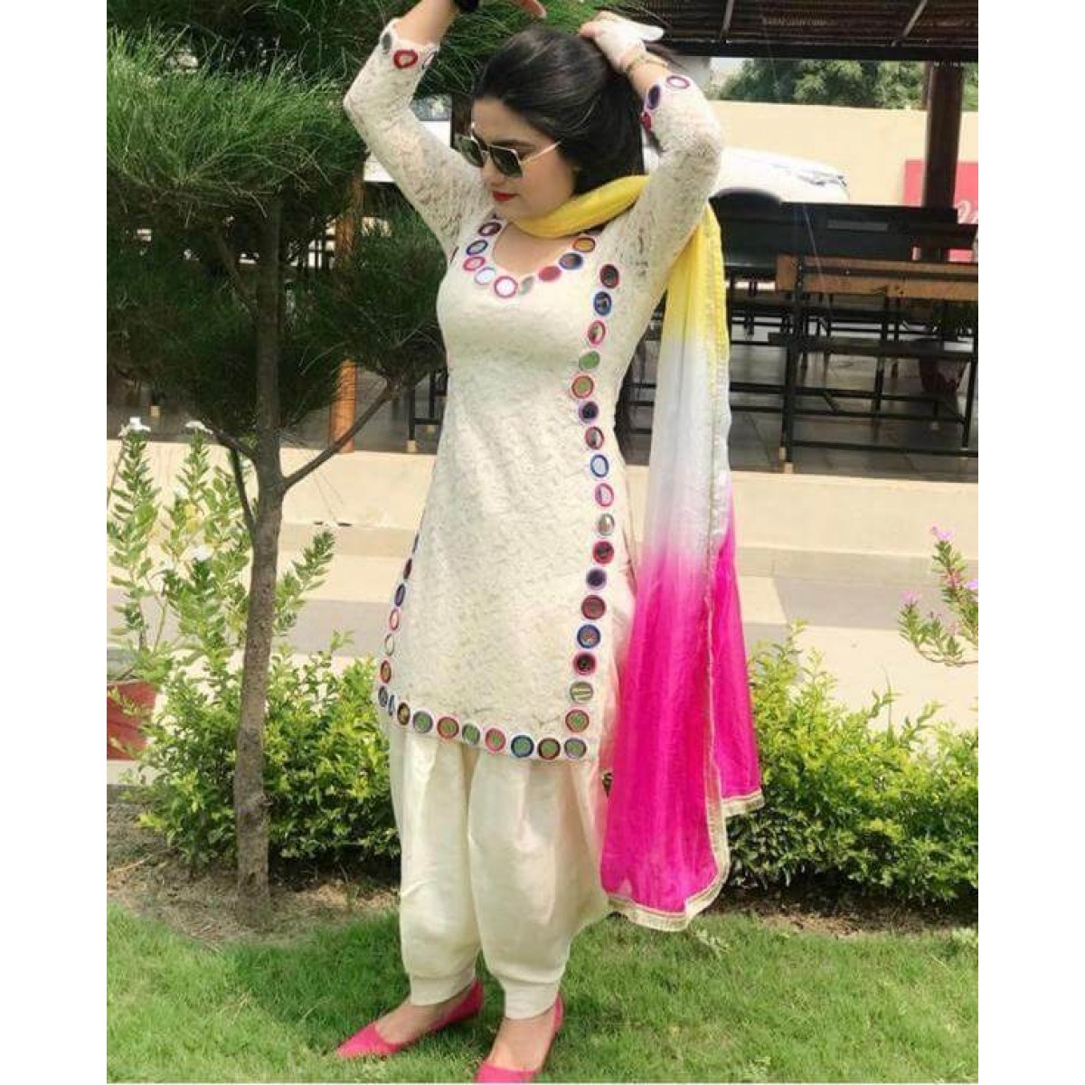 Auspicious White Full Stitched Patiyala Suit