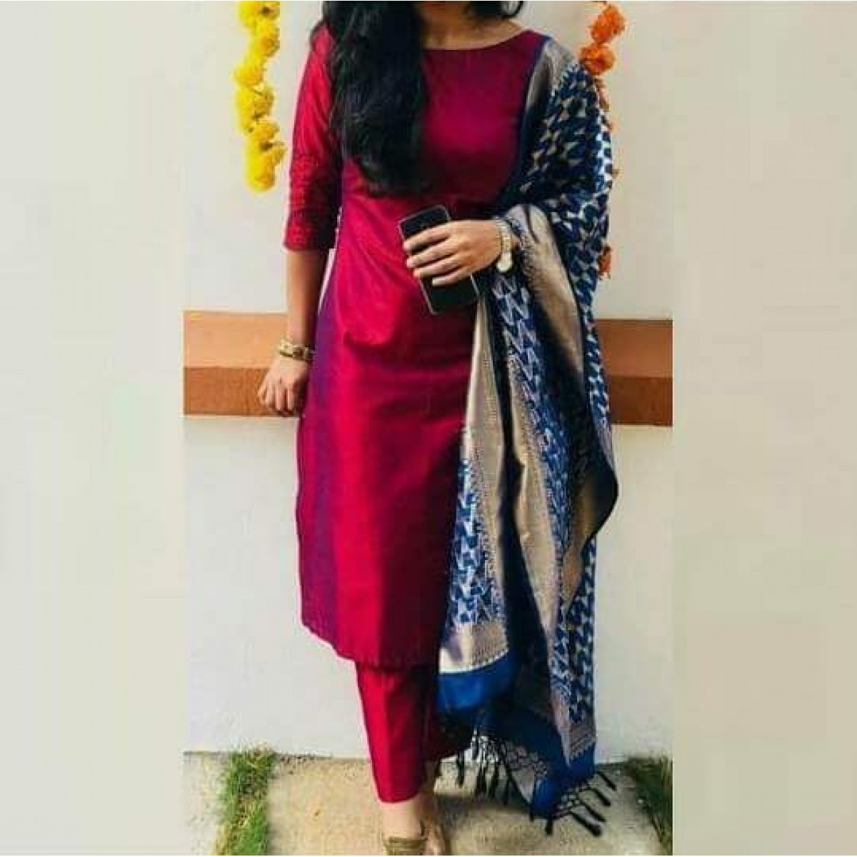 Silk Stitched Salwar Suit With Banarasi Dupatta