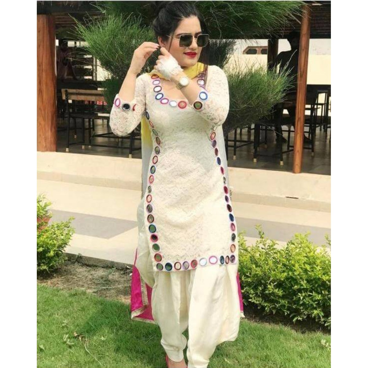 Auspicious White Full Stitched Patiyala Suit