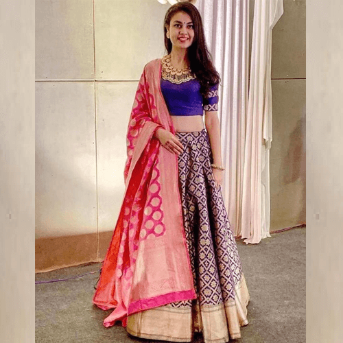 TWO TONE COLOURED PANELLED BANARASI LEHENGA WITH A CHERRY PINK GOTA  EMBROIDERED BLOUSE PAIRED WITH A MATCHING TWO TONE BANARASI DUPATTA AND  GOLD DETAILS. - Seasons India